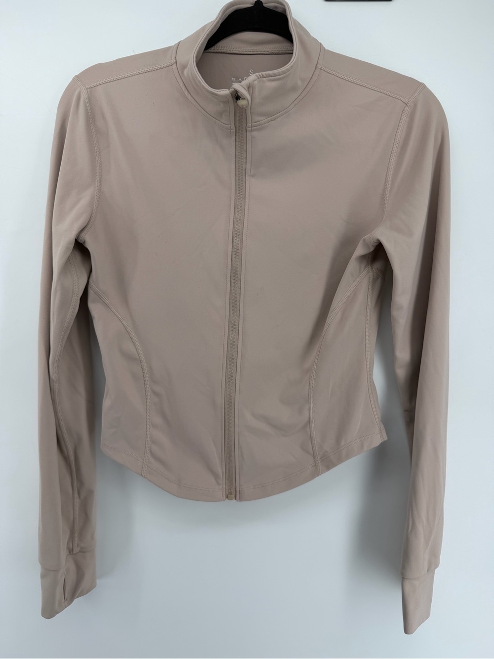 Women's Fitted Athletic Zip Up Jacket Beige Tan Size S Thumbholes Yoga BBL